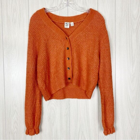 Roxy | Burnt Orange Metallic Button Front Cropped Knit Cardigan Size Small - Picture 1 of 12
